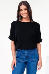 Andre Top - Crew Neck Slouchy Knit Top with Cuffed Short Sleeves in Black