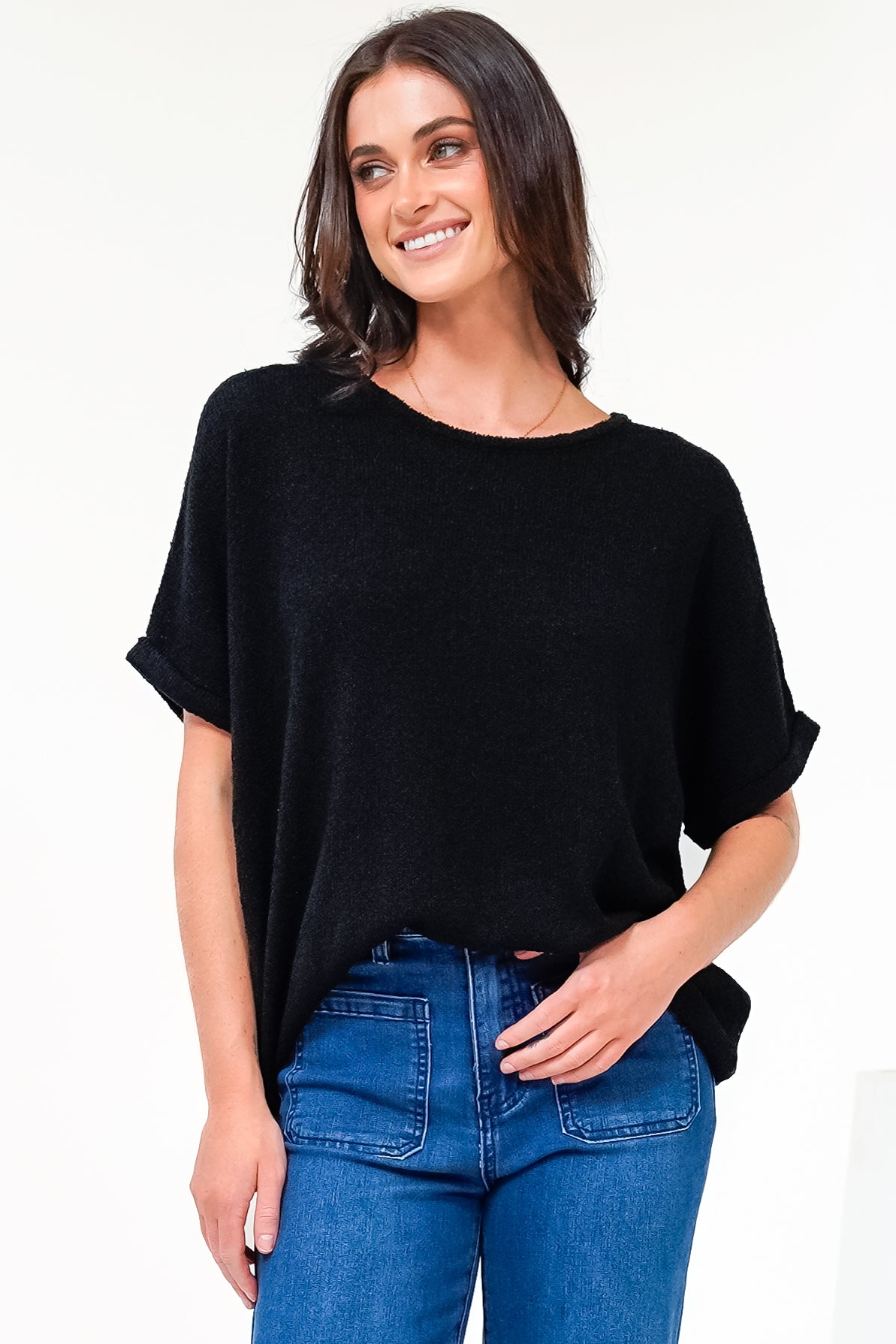 Andre Top - Crew Neck Slouchy Knit Top with Cuffed Short Sleeves in Black