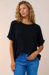 Andre Top - Crew Neck Slouchy Knit Top with Cuffed Short Sleeves in Black