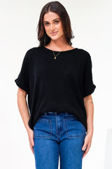 Andre Top - Crew Neck Slouchy Knit Top with Cuffed Short Sleeves in Black