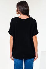 Andre Top - Crew Neck Slouchy Knit Top with Cuffed Short Sleeves in Black