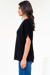 Andre Top - Crew Neck Slouchy Knit Top with Cuffed Short Sleeves in Black