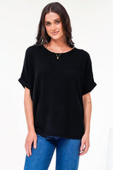 Andre Top - Crew Neck Slouchy Knit Top with Cuffed Short Sleeves in Black