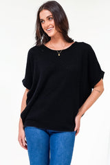 Andre Top - Crew Neck Slouchy Knit Top with Cuffed Short Sleeves in Black