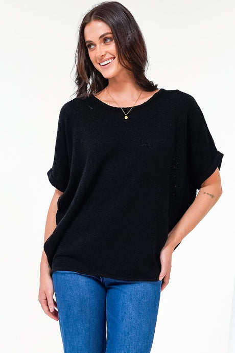 Andre Top - Crew Neck Slouchy Knit Top with Cuffed Short Sleeves in Black