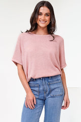 Andre Top - Crew Neck Slouchy Knit Top with Cuffed Short Sleeves in Pink