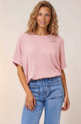Andre Top - Crew Neck Slouchy Knit Top with Cuffed Short Sleeves in Pink