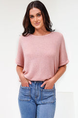 Andre Top - Crew Neck Slouchy Knit Top with Cuffed Short Sleeves in Pink