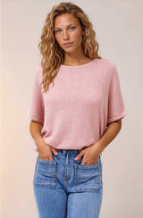 Andre Top - Crew Neck Slouchy Knit Top with Cuffed Short Sleeves in Pink