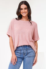 Andre Top - Crew Neck Slouchy Knit Top with Cuffed Short Sleeves in Pink