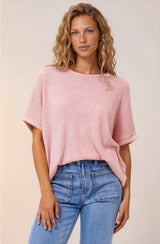 Andre Top - Crew Neck Slouchy Knit Top with Cuffed Short Sleeves in Pink