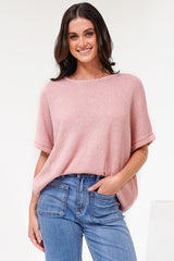 Andre Top - Crew Neck Slouchy Knit Top with Cuffed Short Sleeves in Pink