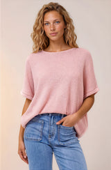 Andre Top - Crew Neck Slouchy Knit Top with Cuffed Short Sleeves in Pink