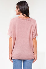 Andre Top - Crew Neck Slouchy Knit Top with Cuffed Short Sleeves in Pink