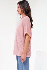 Andre Top - Crew Neck Slouchy Knit Top with Cuffed Short Sleeves in Pink