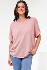 Andre Top - Crew Neck Slouchy Knit Top with Cuffed Short Sleeves in Pink
