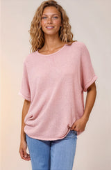 Andre Top - Crew Neck Slouchy Knit Top with Cuffed Short Sleeves in Pink
