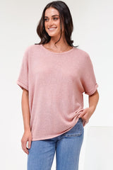 Andre Top - Crew Neck Slouchy Knit Top with Cuffed Short Sleeves in Pink