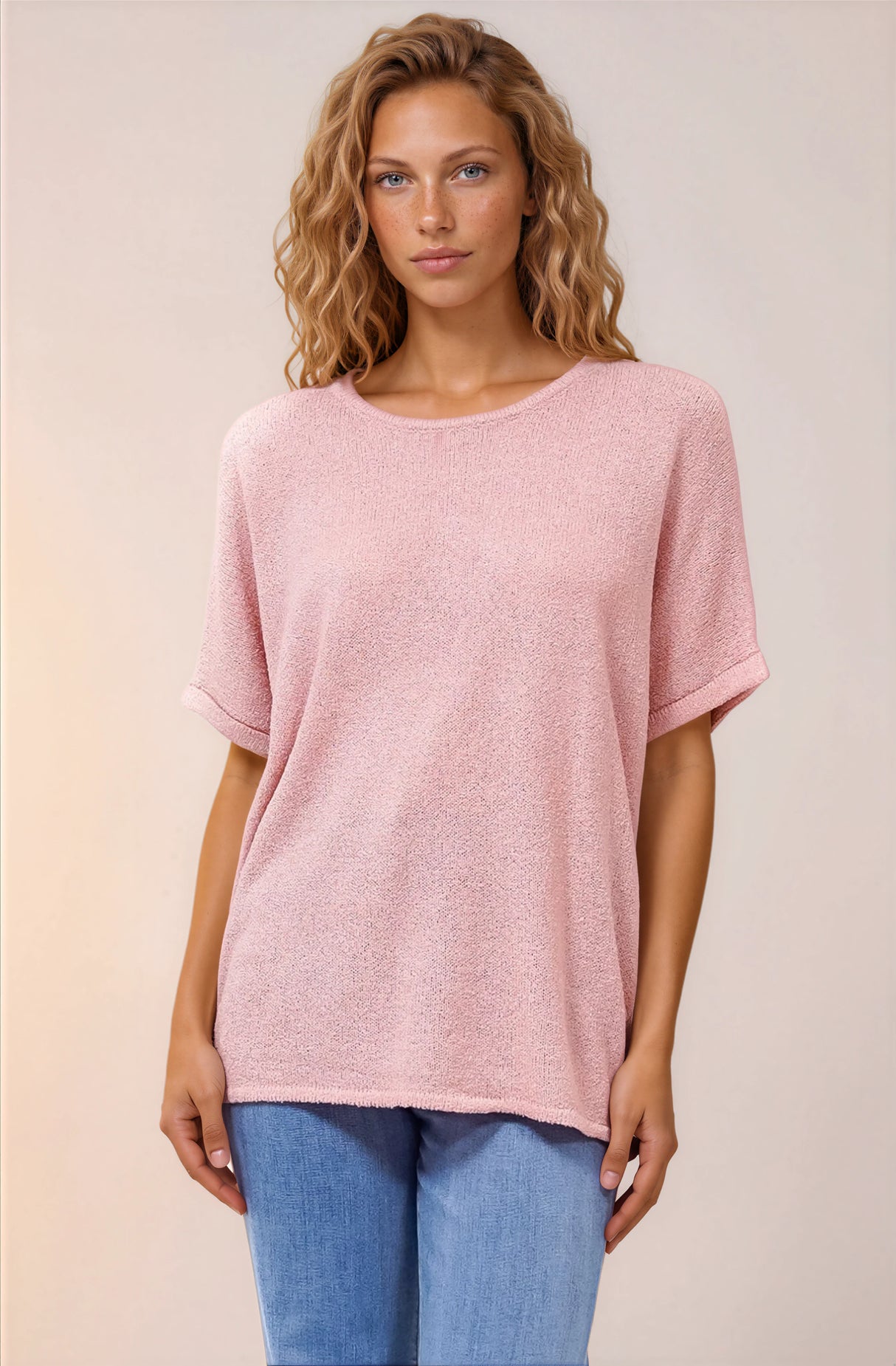 Andre Top - Crew Neck Slouchy Knit Top with Cuffed Short Sleeves in Pink