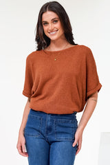 Andre Top - Crew Neck Slouchy Knit Top with Cuffed Short Sleeves in Rust