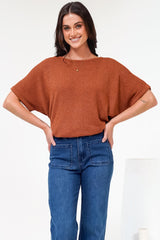 Andre Top - Crew Neck Slouchy Knit Top with Cuffed Short Sleeves in Rust