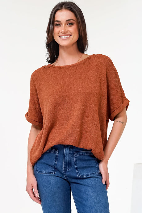 Andre Top - Crew Neck Slouchy Knit Top with Cuffed Short Sleeves in Rust