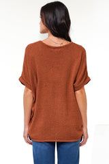 Andre Top - Crew Neck Slouchy Knit Top with Cuffed Short Sleeves in Rust
