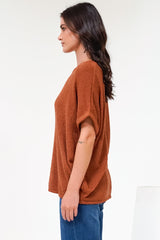 Andre Top - Crew Neck Slouchy Knit Top with Cuffed Short Sleeves in Rust