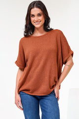 Andre Top - Crew Neck Slouchy Knit Top with Cuffed Short Sleeves in Rust