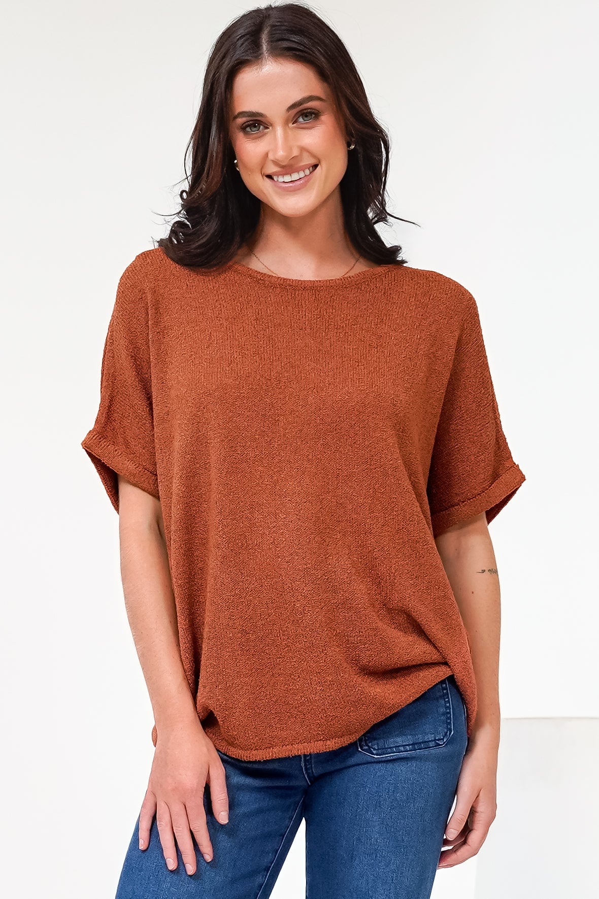 Andre Top - Crew Neck Slouchy Knit Top with Cuffed Short Sleeves in Rust