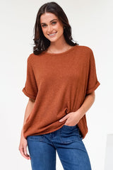 Andre Top - Crew Neck Slouchy Knit Top with Cuffed Short Sleeves in Rust