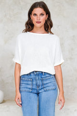 Andre Top - Crew Neck Slouchy Knit Top with Cuffed Short Sleeves in White