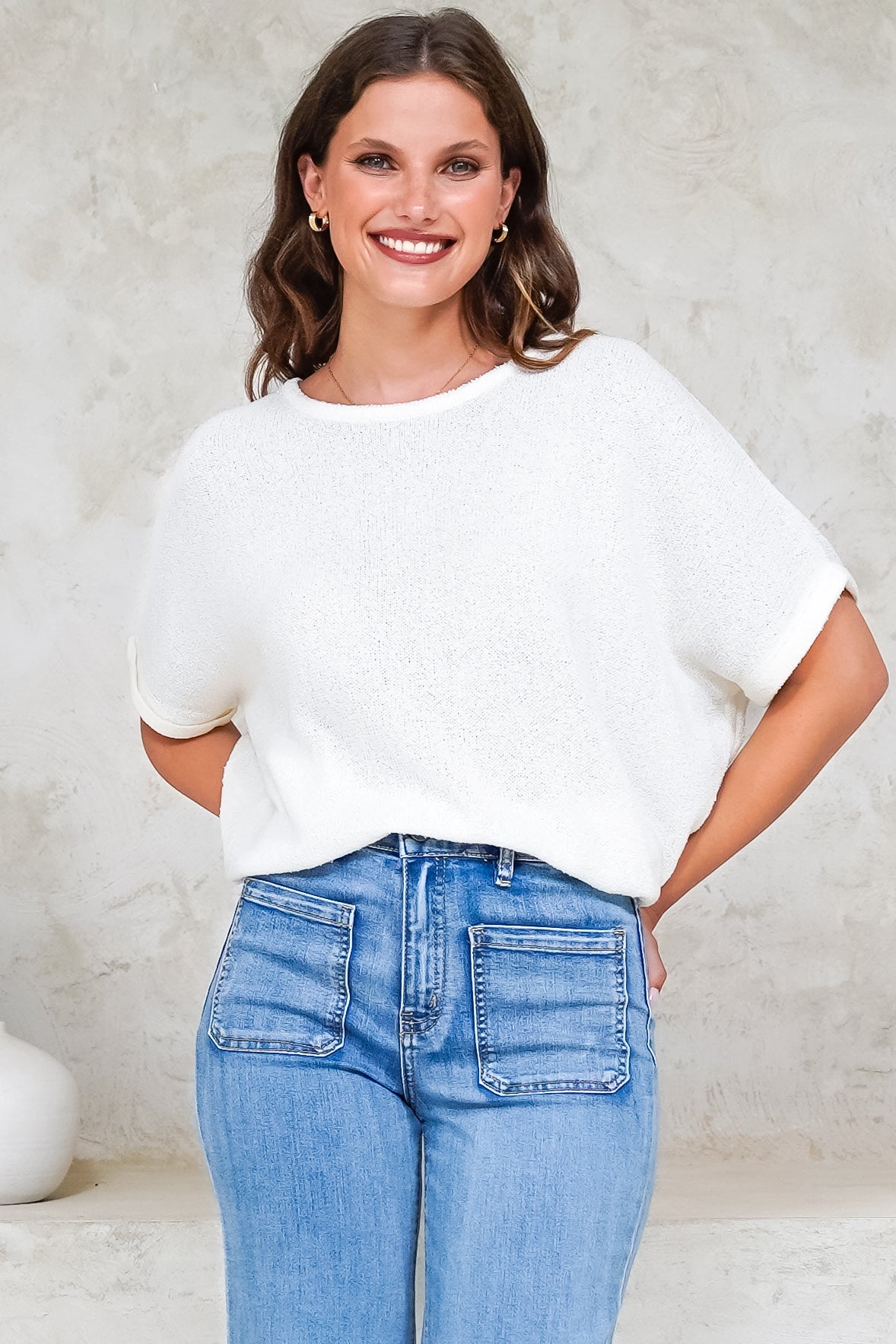 Andre Top - Crew Neck Slouchy Knit Top with Cuffed Short Sleeves in White