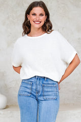 Andre Top - Crew Neck Slouchy Knit Top with Cuffed Short Sleeves in White