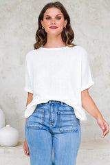 Andre Top - Crew Neck Slouchy Knit Top with Cuffed Short Sleeves in White