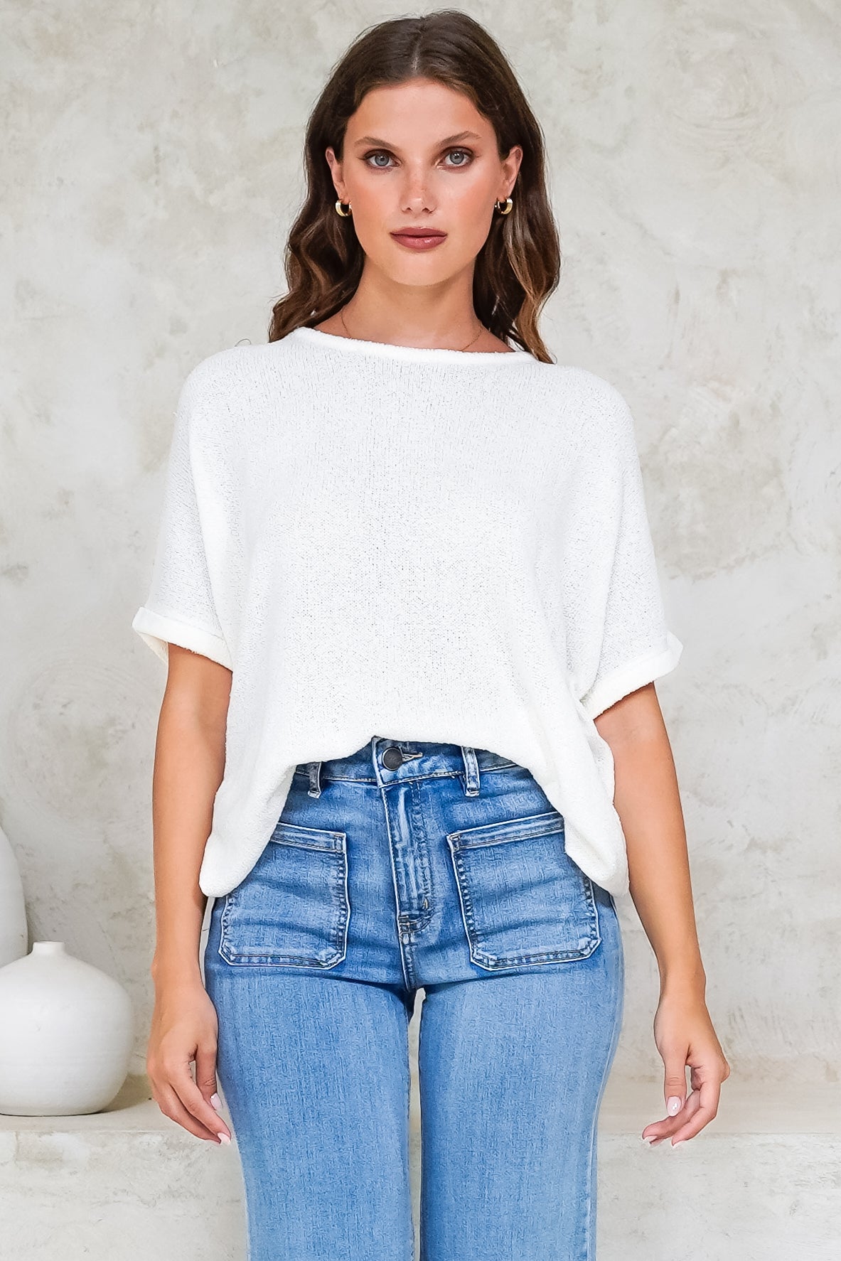 Andre Top - Crew Neck Slouchy Knit Top with Cuffed Short Sleeves in White