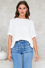 Andre Top - Crew Neck Slouchy Knit Top with Cuffed Short Sleeves in White