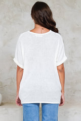 Andre Top - Crew Neck Slouchy Knit Top with Cuffed Short Sleeves in White