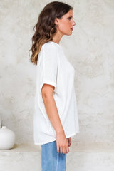 Andre Top - Crew Neck Slouchy Knit Top with Cuffed Short Sleeves in White