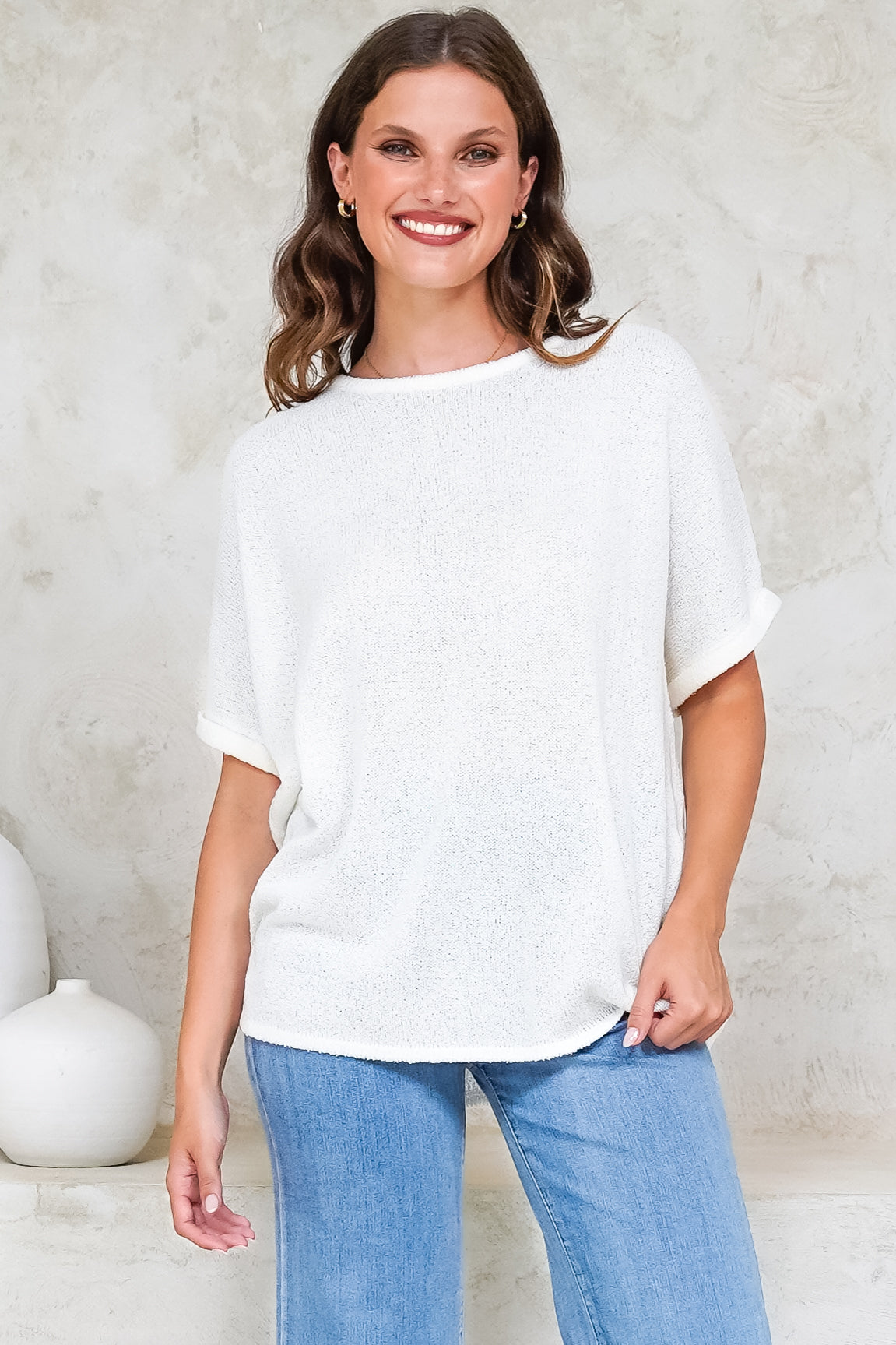 Andre Top - Crew Neck Slouchy Knit Top with Cuffed Short Sleeves in White