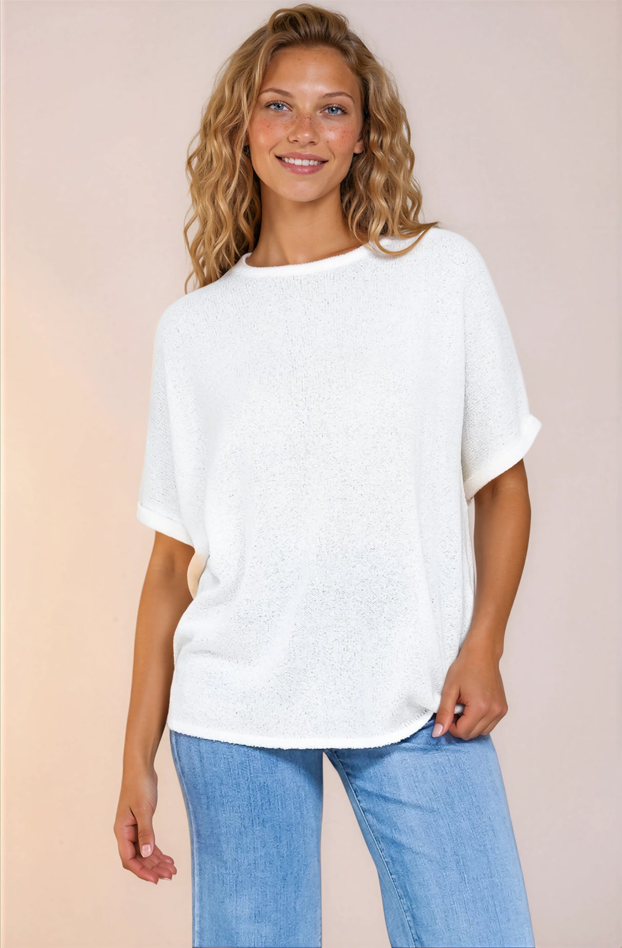 Andre Top - Crew Neck Slouchy Knit Top with Cuffed Short Sleeves in White