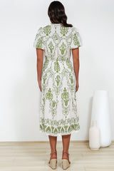 Andrea Midi Dress - Tiered Mandarin Collar Shirt Dress with Belt in Calita Print