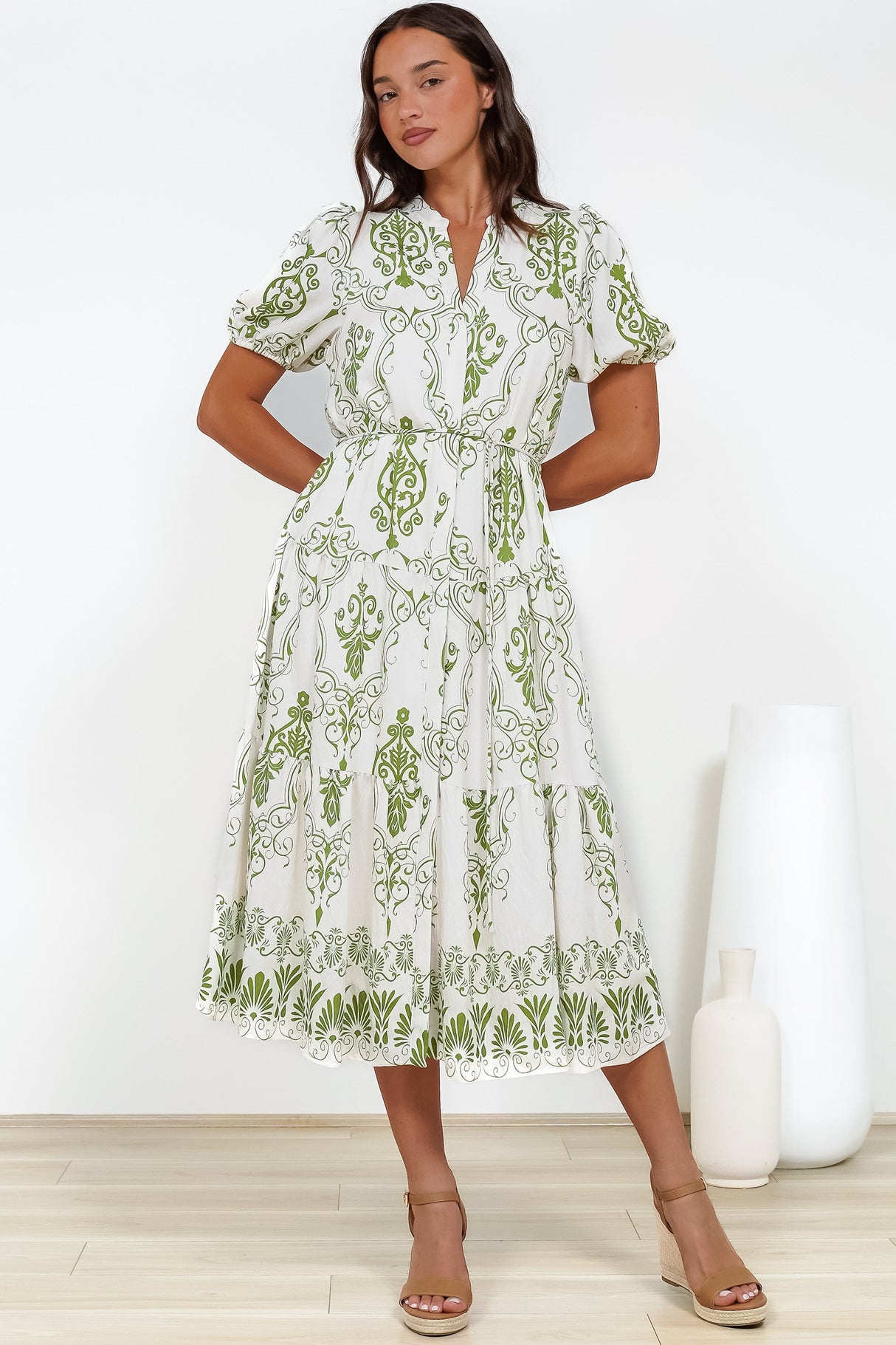Andrea Midi Dress - Tiered Mandarin Collar Shirt Dress with Belt in Calita Print
