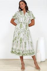 Andrea Midi Dress - Tiered Mandarin Collar Shirt Dress with Belt in Calita Print