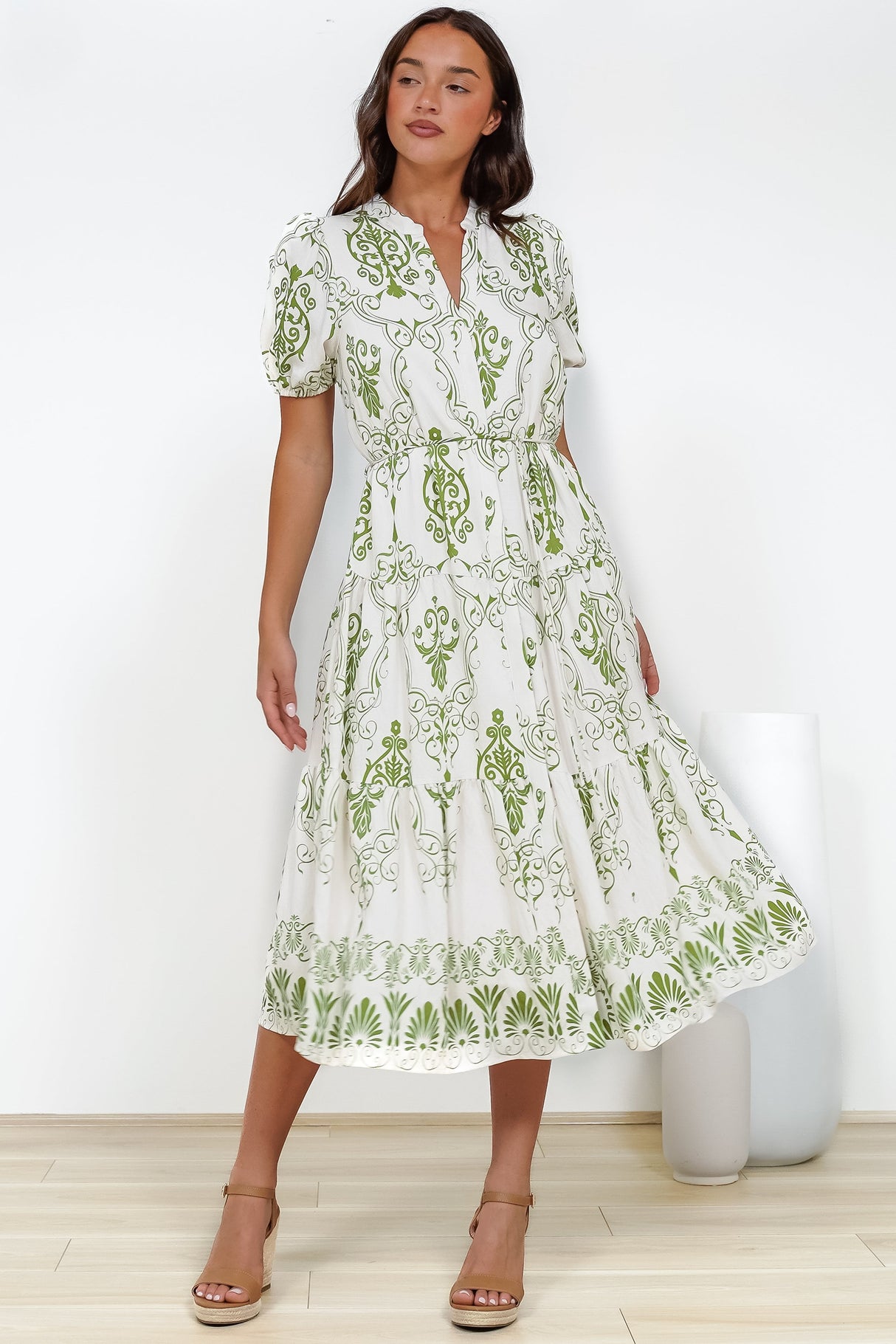 Andrea Midi Dress - Tiered Mandarin Collar Shirt Dress with Belt in Calita Print