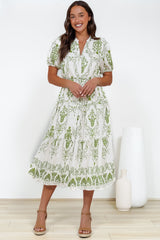 Andrea Midi Dress - Tiered Mandarin Collar Shirt Dress with Belt in Calita Print