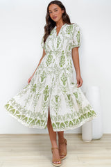 Andrea Midi Dress - Tiered Mandarin Collar Shirt Dress with Belt in Calita Print