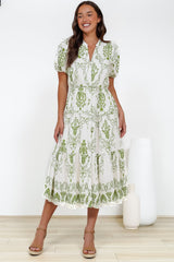 Andrea Midi Dress - Tiered Mandarin Collar Shirt Dress with Belt in Calita Print