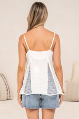 Andros Cami - V Neck Button Down Top with Crochet Net Insert Pants in White