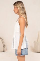 Andros Cami - V Neck Button Down Top with Crochet Net Insert Pants in White